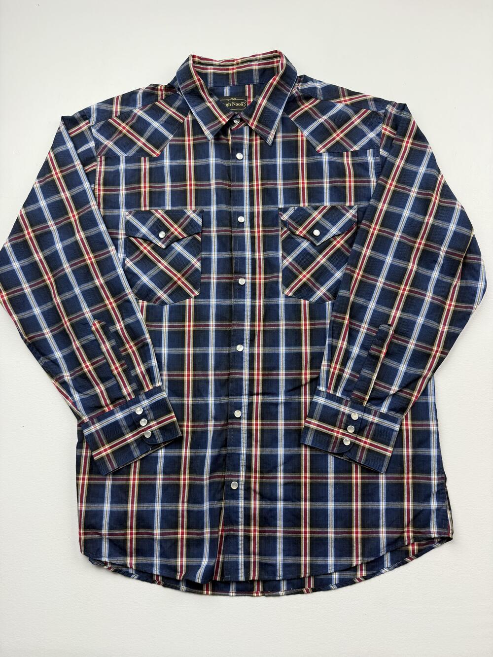 High Noon Shirt Mens XL Blue Plaid Long Sleeve Western Pearl Snap Casual
